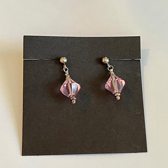 Rose Pink Austrian Crystals & Pearls 16” Necklace Matching Post earrings Set - Picture 7 of 11